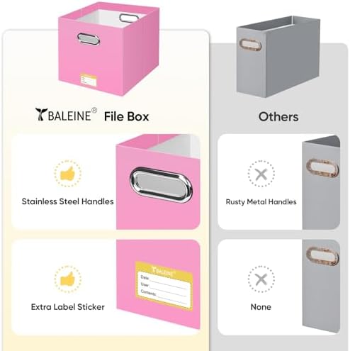BALEINE 4PK File Organizer Box, Cardboard File Folder Organizer with Handle | Strong Corrugated Paper Core, Label Stickers for Identification, Hanging File Folder Organizer, Home Office Document Storage