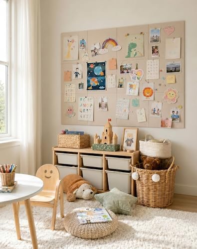 Aothia Felt Bulletin Board Tiles, 12-Pack 48"x36" Large Pin Board for Wall, Modern Cork Board Alternative for Notes, Photos, Memo & Office Organization, 70 Adhesive Tabs & 40 Push Pins, Oatmeal