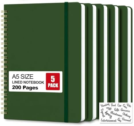 5 Pack Hardcover Spiral Notebooks, 8.3" x 6.3" Lined Journal Set, 100 GSM Bleed-Resistant Paper, 200 Pages Twin-Wire Bound Notebook with Elastic Band & Category Stickers for Office, School