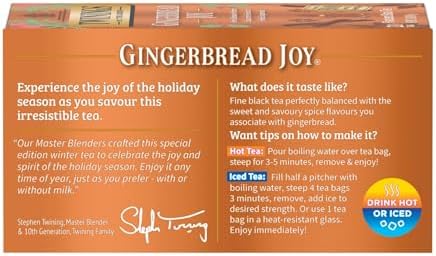 Twinings Gingerbread Joy Black Tea Individually Wrapped Bags, 20 Count (Pack of 3), Ginger & Cinnamon, Caffeinated, Enjoy Hot or Iced | Packaging May Vary
