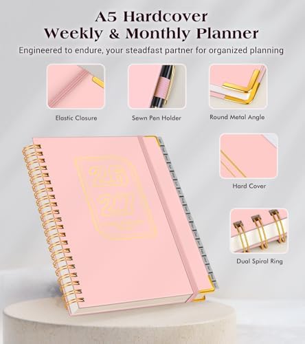 Academic Planner 2026-2027, Weekly and Monthly Hardcover Planner, July 2026 - June 2027, 5.75" x 8.38" A5 Large Daily Calendar Planner Book with Tabs, Spiral Yearly Agenda Organizer Notebook for School Work Home, Pink