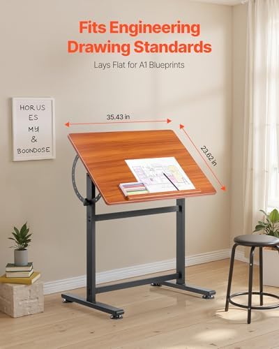 VEVOR Drafting Table, Adjustable 0°–90° Tilt Drawing Desk, Portable Artist Table with Black H-Frame and Brown Desktop, Wooden Painting Desk Craft Workstation for Reading, Writing, Crafting, Meeting