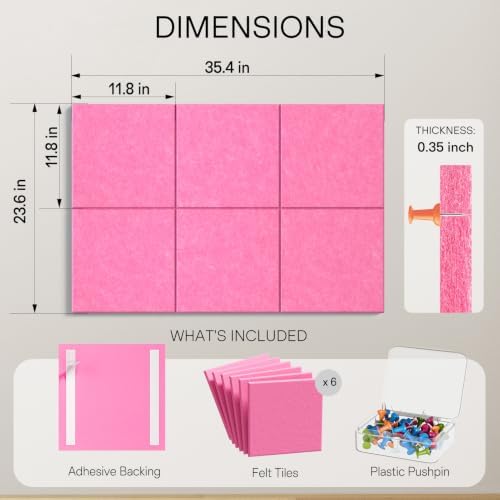 MaxGear Felt Bulletin Board 36" x 24", Pink Felt Wall Tiles Push Pins