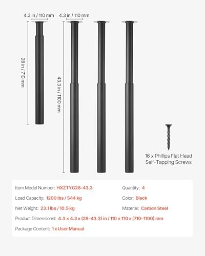 VEVOR Adjustable Table Legs, 28-43.3 in Steel Furniture Legs, 1200 lbs Max Load Heavy Duty, Quick Installation, Ideal for Home Office Desk DIY, Coffee Dinner Bar Tables, Workbenches, Set of 4, Black