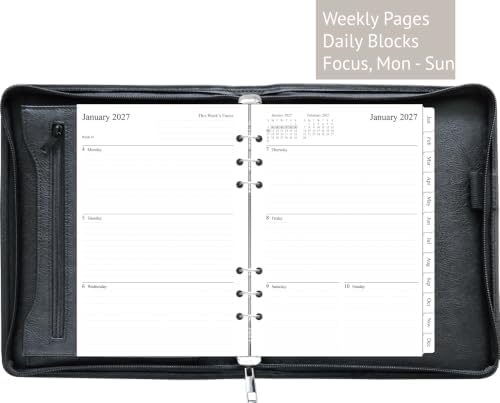 Fan&Ran 2027 Zippered Planner, 6-Ring Portfolio Binder with 2027 Weekly Inserts, A5 Size, Black