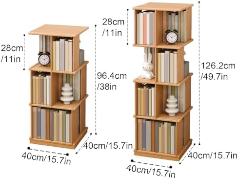 GAMAK Rotating Bookshelf Kids 360 Display 3-4 Tier Revolving Bookcase with Brake Wheels Floor Standing Bookcase Narrow Bookshelf for Small Spaces Natural Wood (Color : Wood, Size : Moving_Four)