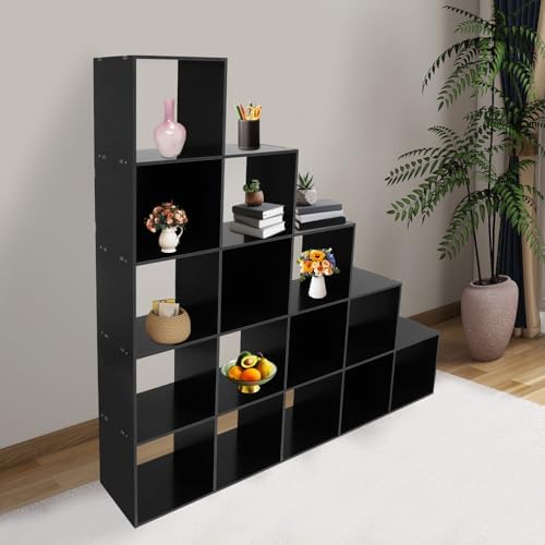 5-Tier Stepped Bookshelf, 15 Cube Storage Organizer, Freestanding Ladder Bookcase, L-Shaped Corner Shelf, Room Divider Shelf, 57.5" Tall Modern Display Shelf for Home Office Living Room