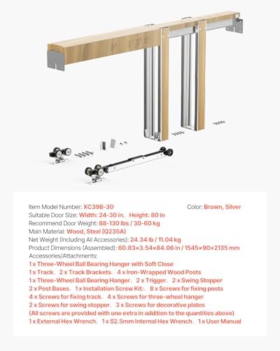 VEVOR Pocket Door Frame Kit, for 24-30 in Wide 80 in High Door, Pocket Door Kit with Two-Way Soft Close Mechanism, Slide Smoothly Quietly, Easy to Install, Wood and Galvanized Steel, for Living Room