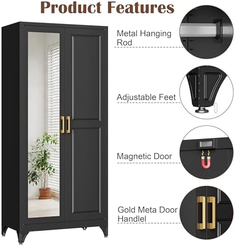 SteeLoong 71”Armoire Wardrobe Close,Black Wardrobe Cabinet with Mirror Door