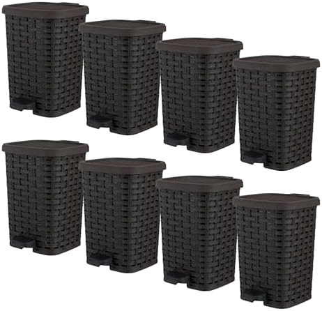 Superio Mini Trash Can with Foot Pedal Small Outdoor Garbage Can with Lid, 1.5 Gallon Plastic Waste Basket for Bathroom, Bedroom, Kitchen, Office, Patio (Wicker Brown 6 QT.), 8 Pack