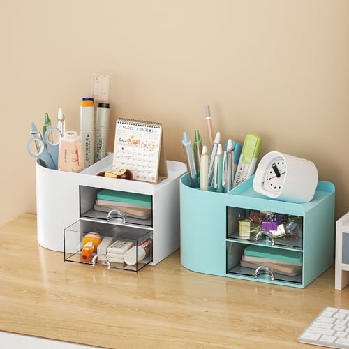 Marbrasse Small Desk Organizer with Drawer, Multi-Functional Pen Pencil Holder Storage Box for Desk, Desk Organizers and Accessories with 4 Compartments + 2 Drawer for Office Art Supplies(Blue)