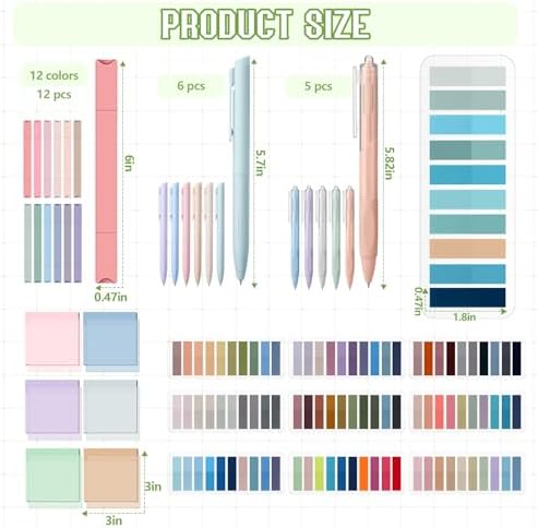 135 Pcs Book Annotation Kit Aesthetic Pencil Case Bag 12 Highlighter 11 Gel Pen 1 Marker 300 Sheet Transparent Sticky Notes Pad 2640 Index Stickers Bible Study Supplies(Kawaii,Green)