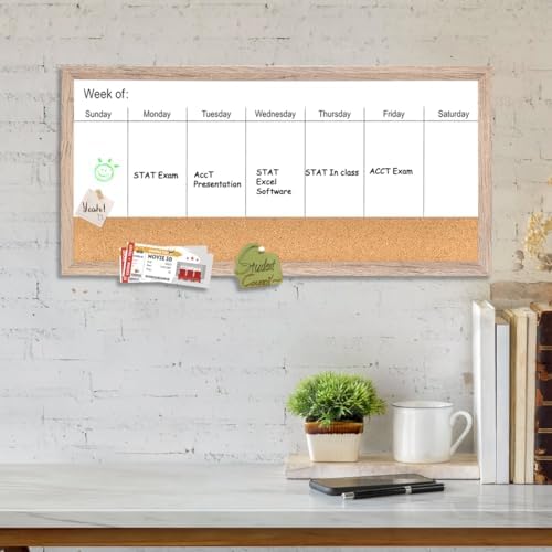 Magnetic Weekly Whiteboard and Cork Board, Brown Wood Frame, 24" x 12"