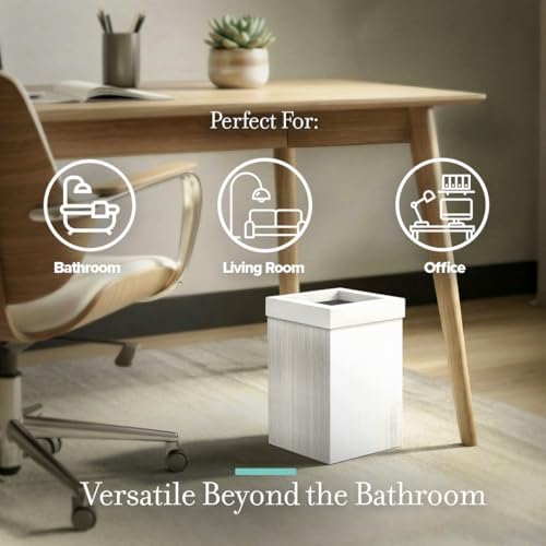 Gatco Small Bathroom Trash Can with Lid, Square 3 Gallon Wastebasket, Under Sink, White Oak with Matte White, for Bathroom, Bedroom, Office (1936W)