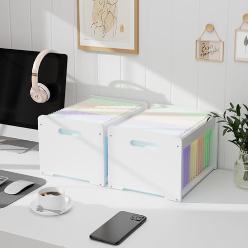 Bamboo Hanging File Organizer, Desk File Box, Open Top, 2 Pack, White | Open-Top Access, 4 Hanging Folders Included, Letter & Legal Files, Sliding Rails, Reinforced Handles, Easy Assembly