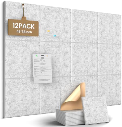 JBER Large Cork Board Alternative 48" x 36" - 12 Pack Self-Adhesive Felt Bulletin Board Tiles, Pin Board Vision Board for Walls, Office & Home Decor(Silver Gray)