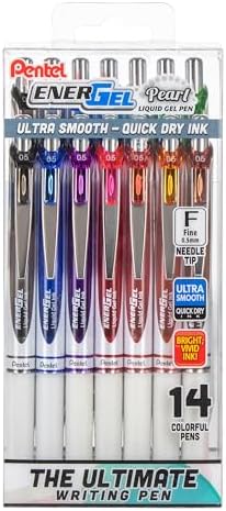 Pentel EnerGel RTX Pearl Liquid Gel Pen, (0.5mm) Needle Tip, Fine Line, Asstd. Ink, 14-Pk Plastic Box