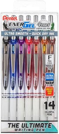 Pentel EnerGel RTX Pearl Liquid Gel Pen, (0.5mm) Needle Tip, Fine Line, Asstd. Ink, 14-Pk Plastic Box