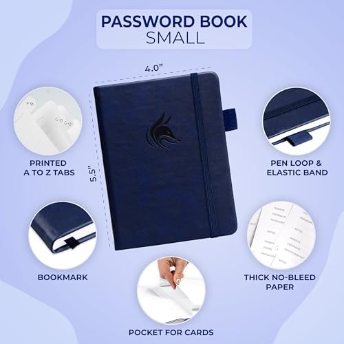 Clever Fox Password Book with Alphabetical Tabs, 4"x5.5" Keeper Dark Blue