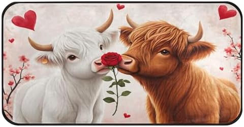 Aslsiy Highland Cow Rose Heart (2) Kitchen Rug Kitchen Mats Valentines Floor Comfort Welcome Washable Non Slip Area Rug for Home Decor 39" X 20"