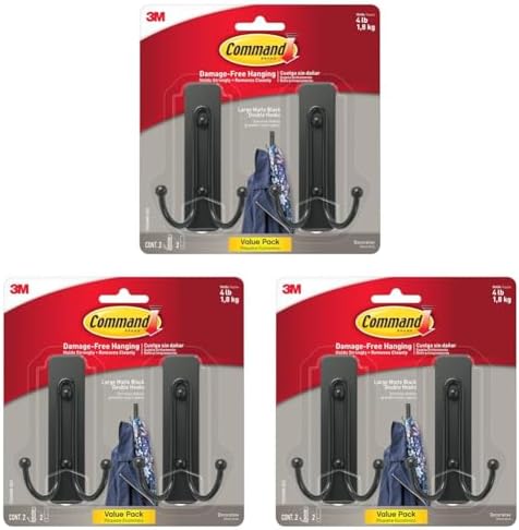 Command Large Matte Black Double Hooks, 2 Hooks and 2 Strips, Damage Free Hanging Wall Hooks with Adhesive Strips, No Tools Coat Hooks for Hanging Home Decor, Holds up to 4 lb (Pack of 3)