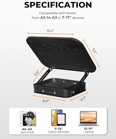 Adjustable Book Stand with Storage Drawer, 360° Rotating Book Holder, Height & Angle Adjustable, Extra-Wide Page Clips for Thick Books, Wood & Aluminum Book Stand for Desk, Study, Kitchen
