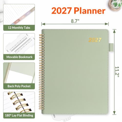 SUNEE 2027 Weekly & Monthly Planner 9"x11.2"- 12 Month (January 2027 - December 2027), Vegan Leather Cover, Pocket, Bookmark, Notes, Monthly Tab, Sage Green