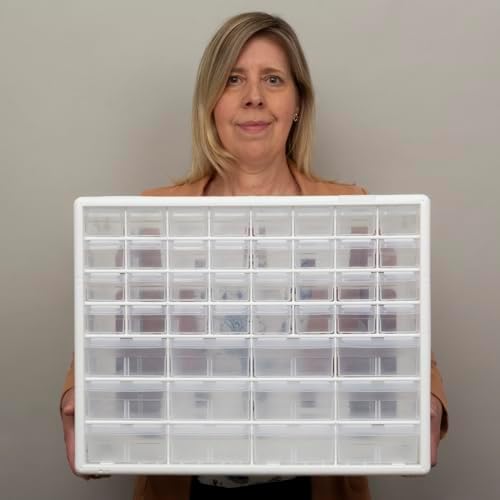 Akro-Mils 44-Drawer Plastic Drawer Storage Cabinet for Garage Organization, Bead Organizer, Building Bricks Storage, Teacher Toolbox, Makeup Organizer, 20-Inch W x 6-Inch D x 16-Inch H, 10144 White