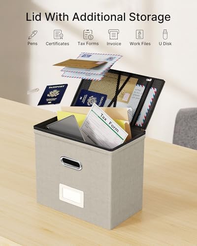 Oterri File Box Small 2-Pack Mesh Pockets Hanging Organizer for Letter-Size | Dustproof Lid. 3 Mesh Pockets. Collapsible Scratch-Resistant GRS Linen. Slide Rails. Office, Home, Dorm