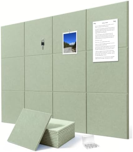 0.47" Thick Felt Wall Tiles 48"x36" Cork Board Alternative 12 Pack 11.81"x11.81"Felt Bulletin Board Pin Board with Removable Adhesive Tape&60 Pushpins for Home Office School(Flat-Sage)