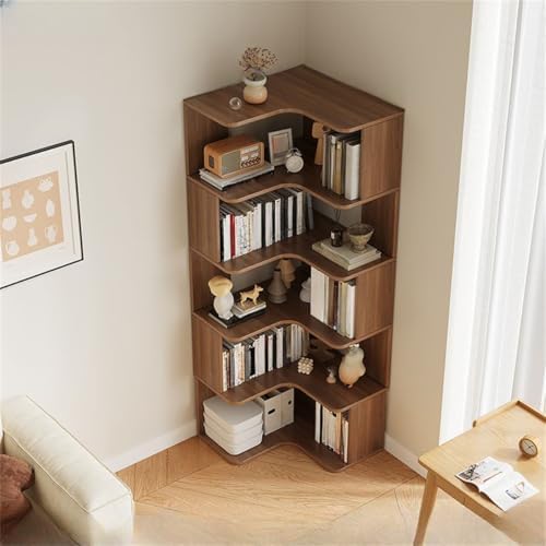 Vertical L-Shape Storage with Open Back 5 Shelves Corner Bookshelf Wood Floor Rack Student Integrated Wall Bookcase Corner Cabinet Multi-layer Storage Cabinet Dark Walnut 24"L x 24"W x 63"H