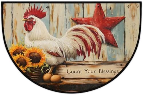 Rooster Sunflower Wood Half Round Door Mat Non Slip Washable Semi Circle Area Rug Absorbent Soft Half Moon Rug Floor Mat for Indoor Outdoor Kitchen Bathroom Patio Front Door Mat Decor