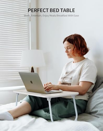 ZEAPTAC Laptop Bed Desk, Foldable Lap Desk, Portable Lap Table, Laptop Stand with Cup Holder, Tablet Slot & Lifting Handle for Work, Write, Draw & Eat on Bed, Sofa or Couch - Pink