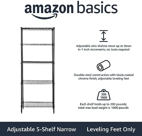 Amazon Basics 5-Shelf Multipurpose Adjustable Steel Garage Shelving Unit, Storage Rack for Kitchen, 200 lbs Per Shelf, Easy Assembly, 13.4"D x 23.2"W x 60"H, Black