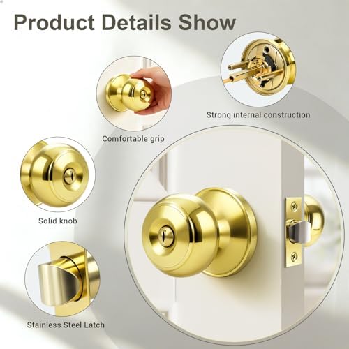 KNOBWELL 5 Pack Privacy Door Knob for Bathroom or Bedroom Door Knobs, Round Interior Door Knobs, Indoor Door Knob, Keyless Door Knob with Lock, Door Handle Lock, Polished Brass
