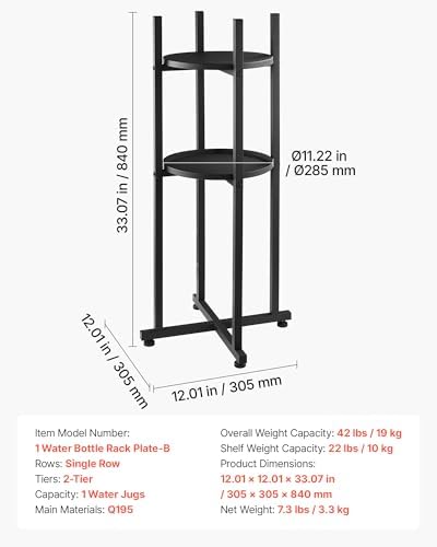 VEVOR Water Dispenser Stand, 5 Gallon Water Jug Stand, Heavy Duty Jug Rack Organizer with Detachable Storage Shelf, Handle, Cross-Shaped Stable Base, for Kitchen, Office, Living Room, Gym, Black
