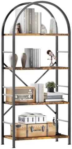 Shintenchi Arched Bookshelf, 4 Tier Bookcase, Tall Storage Shelf, Brown