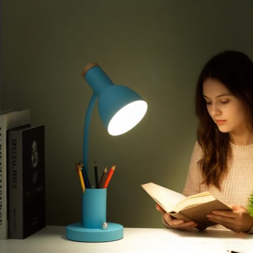 Desk Lamp with Pen Holder, Green, Wood Accent, Adjustable Gooseneck, Modern Study Light (White)