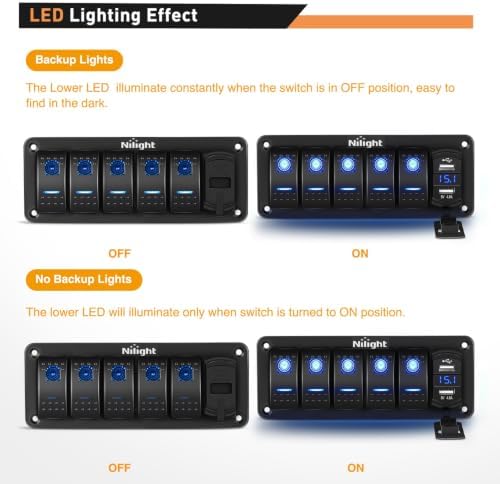 Nilight 5 Gang Rocker Switch Panel with 4.8 Amp Dual USB Charger Voltmeter