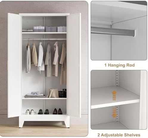 Washsemba 71'' Farmhouse Metal Wardrobe Cabinet with Hanging Rod, 2 Barn Door Wardrobe Closet with 2 Adjustable Shelves,for Dining Room,Bedroom,Living Room, Cloak Room,Office (White)
