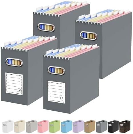 Oterri Portable Collapsible Cardboard File Box with Handle for Letter-Size | 4-Pack. Stainless Steel Handle. Label Stickers Included. Fits Letter Folders (Not Included). Home, Office, School, Dorm, Tax.