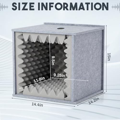 Pushglossy Desktop Soundproof Cover Portable Vocal Recording Booth Vocal Microphone Isolation Booth Cube for Music Studio Podcasts Decreasing Noise Home(Gray, 14.17 x 14.17 x 14.17 Inch, Holes)