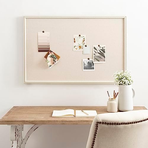Kate and Laurel Makenna Rectangle Framed Linen Fabric Pinboard; 24 x 36; Soft White; Traditional Beaded Bulletin Board for Vintage Home Wall Organization or Aspirational Vision Board