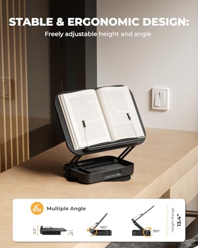 Adjustable Book Stand with Storage Drawer, 360° Rotating Book Holder, Height & Angle Adjustable, Extra-Wide Page Clips for Thick Books, Wood & Aluminum Book Stand for Desk, Study, Kitchen