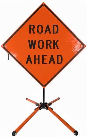 Traffic Roll-Up Sign Kit with Stand – Collapsible Safety Sign & Heavy-Duty Portable Stand, High Visibility, Easy Setup (Road Work Ahead, Reflective)