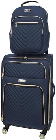 Kenneth Cole REACTION Chelsea 2-Piece Bundle - 20" Chevron Expandable 8-Wheel Carry-On Suitcase & Matching 15" Laptop Backpack, Navy