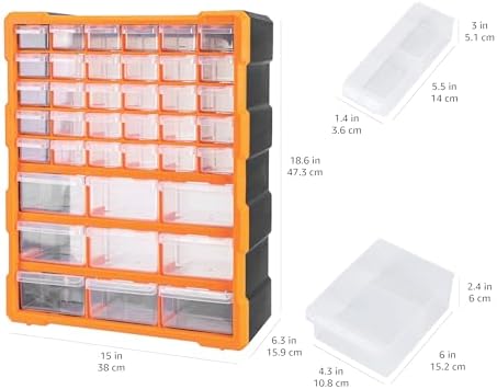 Amazon Basics Wall Mount Hardware and Craft Storage Cabinet Organizer with 39 Drawers, Plastic Garage Organization System with Dividers for Small Parts, Black, Orange, 15" x 6.3" x 18.6"