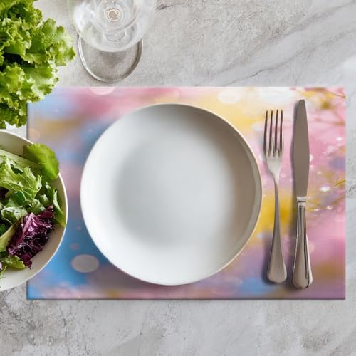 Batmerry Pastel Rainbow Linen Placemats Set of 6, Glitter Stars Marble Galaxy Clouds Washable Table Mats for Kitchen Table Thickened Heat Insulation Dining Set Indoor Outdoor 12X18 in