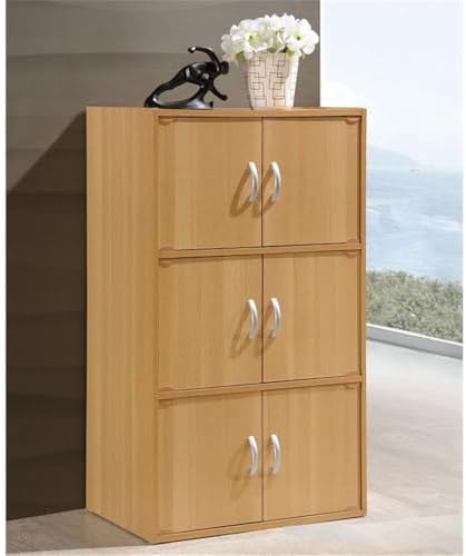 Pemberly Row 3 Shelf Bookcase, 41 in H x 23.4 in W x 15.5 in D, Beech Finish, 6 Door Storage, Slim Multi-Purpose Design, Versatile Home or Office Organizer for Bedroom, Kitchen, or Laundry Room