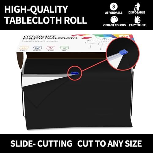 CXPSINC 54 Inch X 300 Feet Plastic Table Cover Roll Disposable Tablecloth with Slide Cutter for All Type/Shape Tables | Party, Banquet, Birthdays, Weddings(Black, 300 Feet)